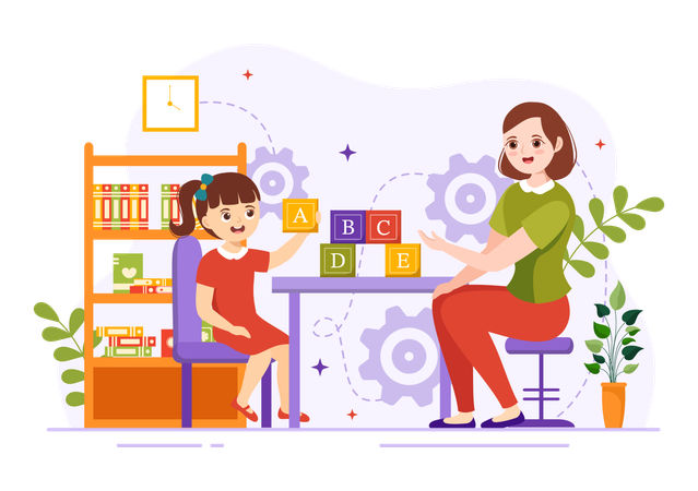 Young lady taking speech therapy with little girl  Illustration