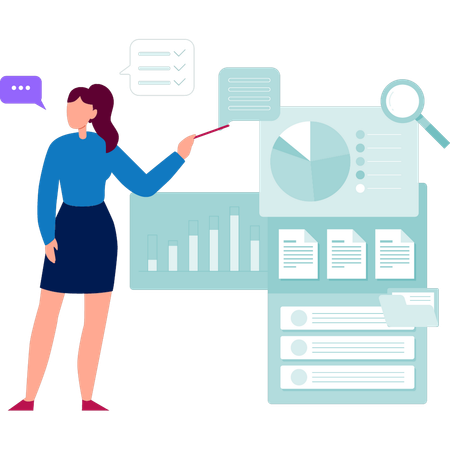 Young lady talking about business pie chart  Illustration