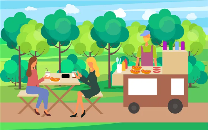 Young lady talking food from street food  Illustration