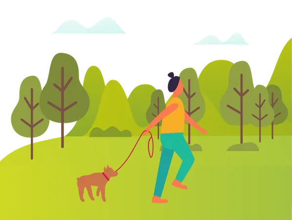 Young lady took pet dog on walk  Illustration