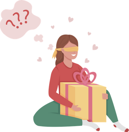 Young lady trying to guess gift box content  Illustration