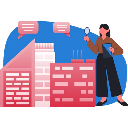 Young lady using wireless technology to control factory  Illustration