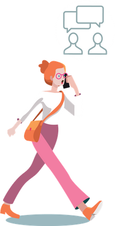 Young lady walking fast and doing gossip on phone  Illustration