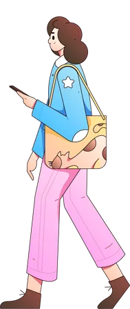 Young lady walking with carrying bag while looking at mobile  Illustration