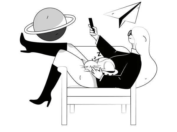 Young lady watching space while cat sleeping in her lap  Illustration