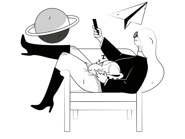 Young lady watching space while cat sleeping in her lap  Illustration