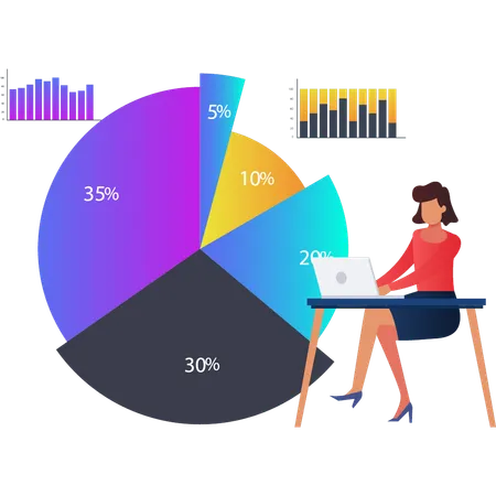Young lady working on business pie chart  Illustration