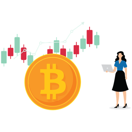 Young lady working on laptop while doing Bitcoin and cryptocurrency investing  Illustration