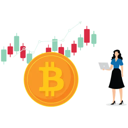 Young lady working on laptop while doing Bitcoin and cryptocurrency investing  Illustration
