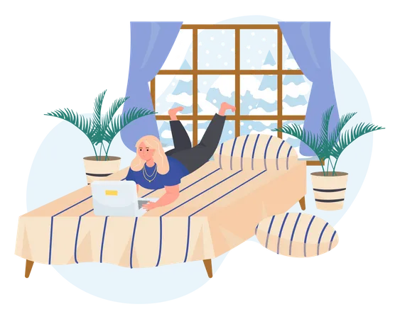 Young lady working on laptop while lying on bed  Illustration