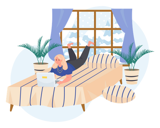 Young lady working on laptop while lying on bed Illustration
