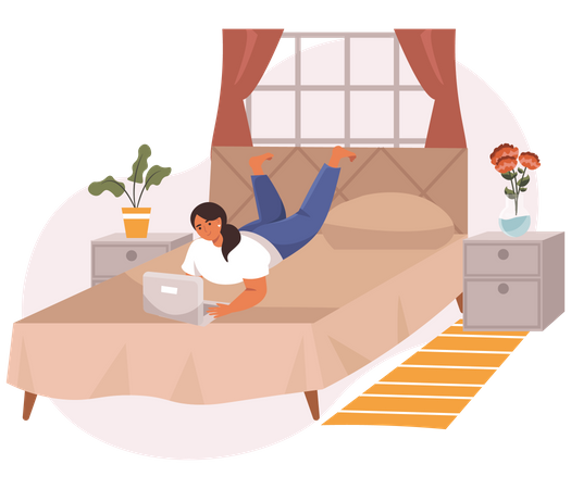 Young lady working on laptop while lying on bed  Illustration