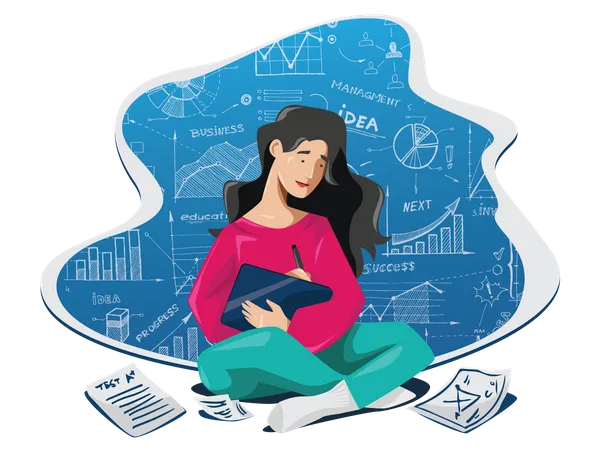 Young lady writing business blog with research in digital pad Illustration