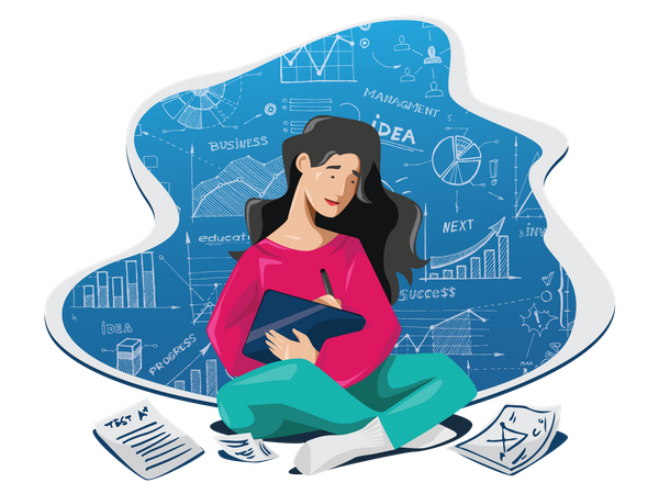 Young lady writing business blog with research in digital pad  Illustration