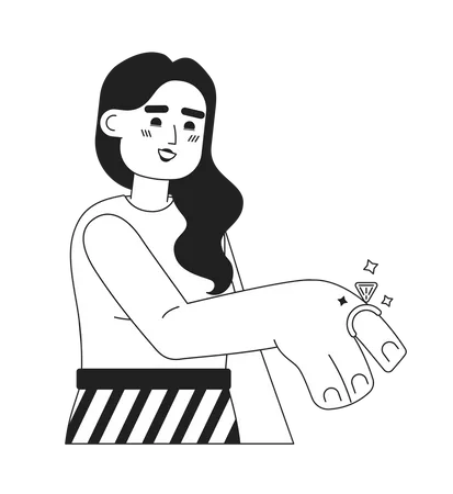 Young Latina Woman Showing Engagement Ring Monochromatic Flat Vector Character Future Wife Proposal Editable Thin Line Full Body Person On White Simple Bw Cartoon Spot Image For Web Graphic Design Illustration