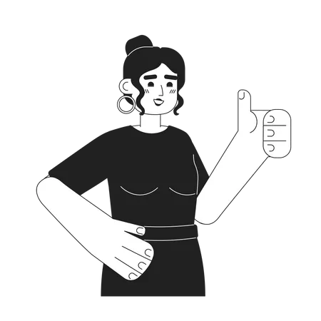 Young Latina Woman With Thumb Up Monochromatic Flat Vector Character Excited Girl Giving Approval Editable Thin Line Half Body Person On White Simple Bw Cartoon Spot Image For Web Graphic Design Illustration