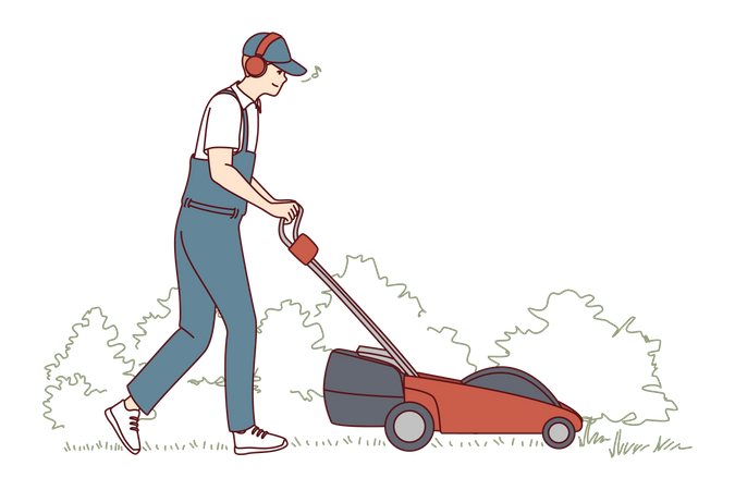 Young Lawn Mower Cutting Green Gras  일러스트레이션