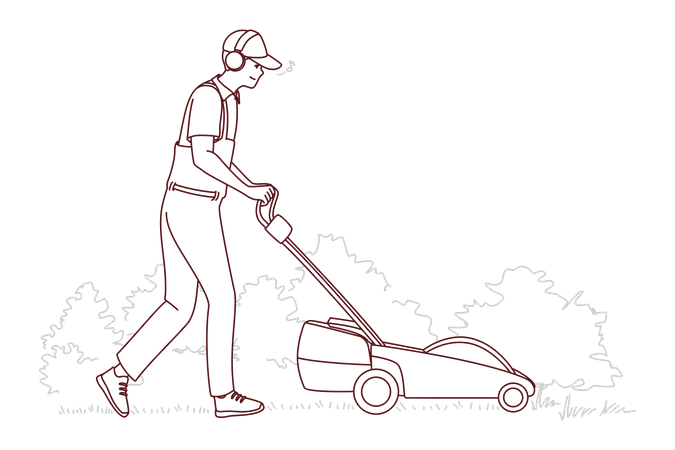 Young Lawn Mower Cutting Green Gras  Illustration