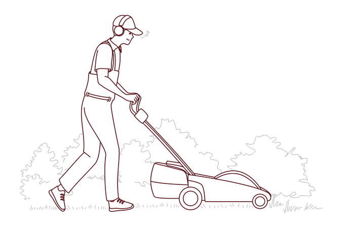 Young Lawn Mower Cutting Green Gras  Illustration