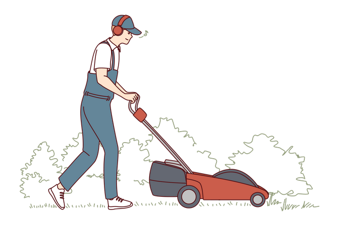 Young Lawn Mower Cutting Green Gras  Illustration