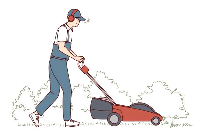 Young Lawn Mower Cutting Green Gras  Illustration