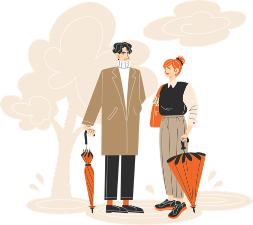 Young Light-Skinned Couple Walking in the Rain with Umbrella in Autumn Park  Illustration