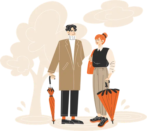 Young Light-Skinned Couple Walking in the Rain with Umbrella in Autumn Park  Illustration