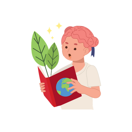 Young little kid girl reading book about nature and Earth  일러스트레이션