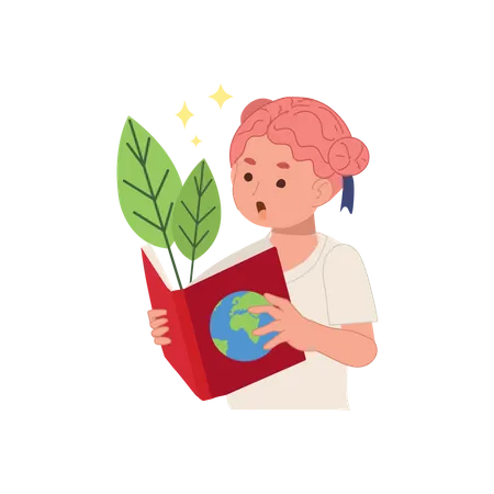 Eco Friendly Education Concept Young Little Kid Girl Reading Book About Nature And Earth Green Leaves Came Out From Book Illustration