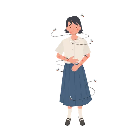 Preventing Zika Virus Spread Concept Young Little Thai Student With Mosquito Bites Scratching Itchy Skin Whole Body Illustration