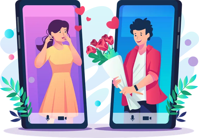 Young lover man giving flowers to her girlfriend through smartphone Illustration