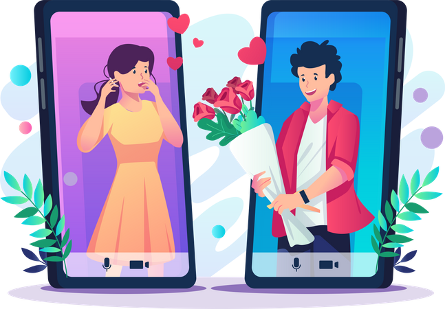 Young lover man giving flowers to her girlfriend through smartphone  Illustration