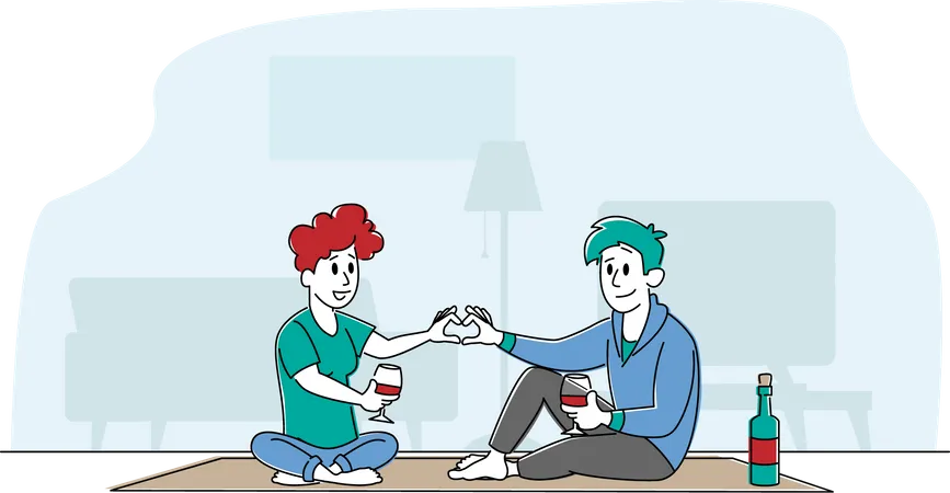Young Loving Couple Characters Spend Time at Home Sitting on Floor Together Chatting, Drinking Wine Make Heart of Fingers Illustration