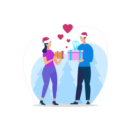Young Loving Couple in Santa Hats Illustration