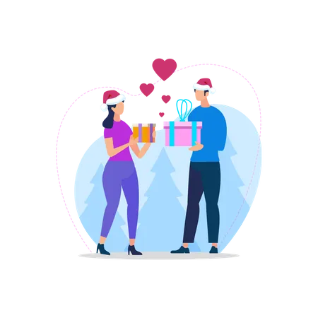 Young Loving Couple in Santa Hats  Illustration