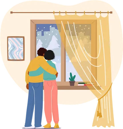 Young Loving Couple Stand at Window Hugging and Looking Through on Falling Snowflakes at Winter Day Illustration