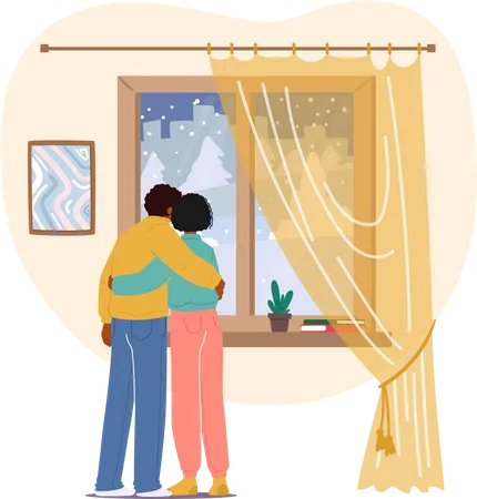 Young Loving Couple Stand at Window Hugging and Looking Through on Falling Snowflakes at Winter Day  Illustration