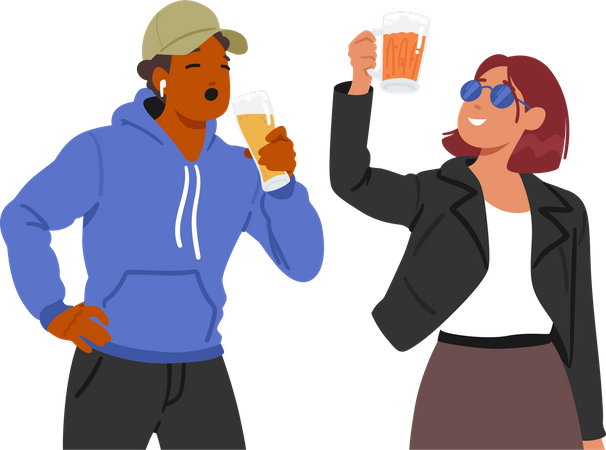 Young Male And Female Enjoy Beer Clinking Glasses  Illustration
