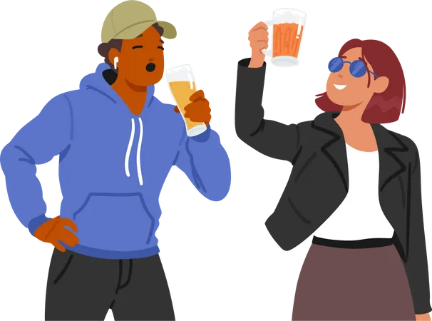 Young Male And Female Characters Enjoy Beer Clinking Glasses People Drinking Popular Beverage Worldwide Enjoyed During Social Gatherings Meals Or Simply To Unwind Cartoon Vector Illustration Illustration