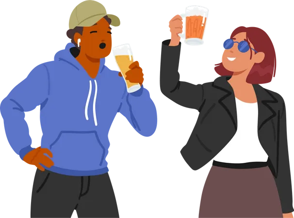 Young Male And Female Enjoy Beer Clinking Glasses  Illustration