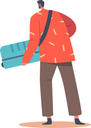 Young Male Character Hold Luggage in Hands Illustration
