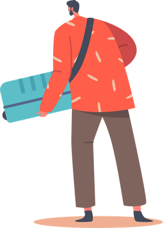 Young Male Character Hold Luggage in Hands  Illustration