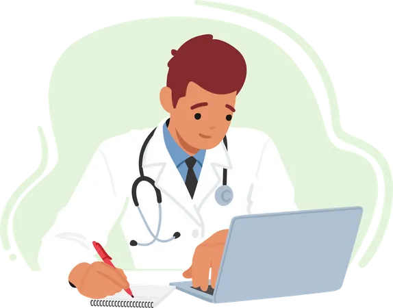 Young male doctor with laptop at desk Illustration