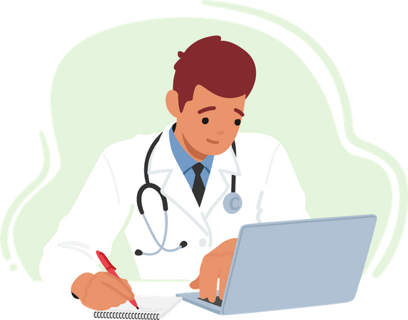 Young male doctor with laptop at desk  Illustration