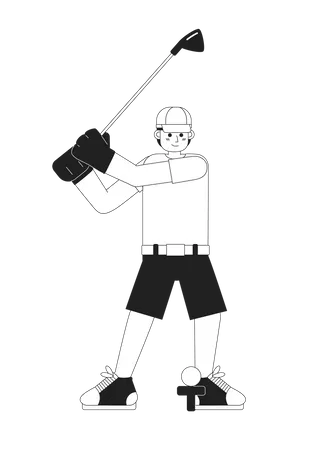 Young Male Golfer Playing Golf Monochromatic Flat Vector Character Golf Country Club Golfer In Action Editable Thin Line Full Body Person On White Simple Bw Cartoon Spot Image For Graphic Design Illustration