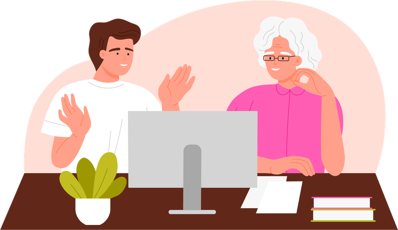 Young male helping Senior woman to Learn Computer  Illustration