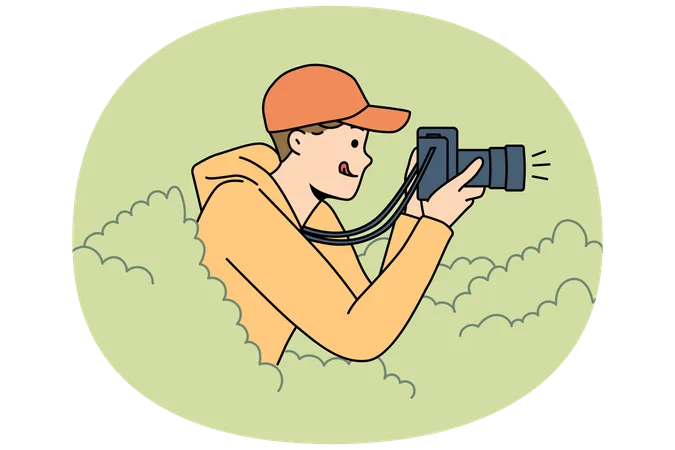 Young male photographer doing wild life photography  Illustration