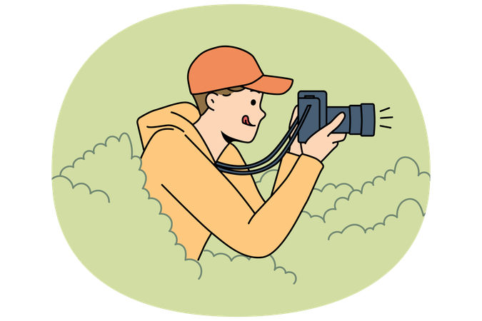 Young male photographer doing wild life photography  Illustration