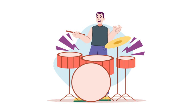 Young male playing drum with drum system  Illustration