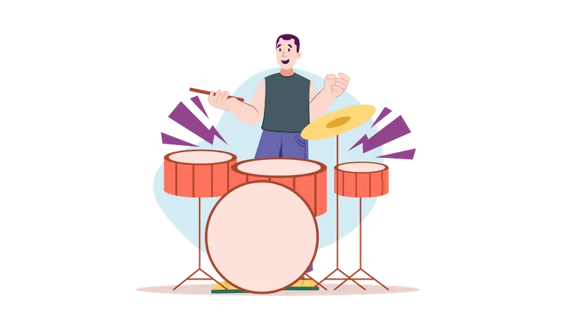 Young male playing drum with drum system Illustration